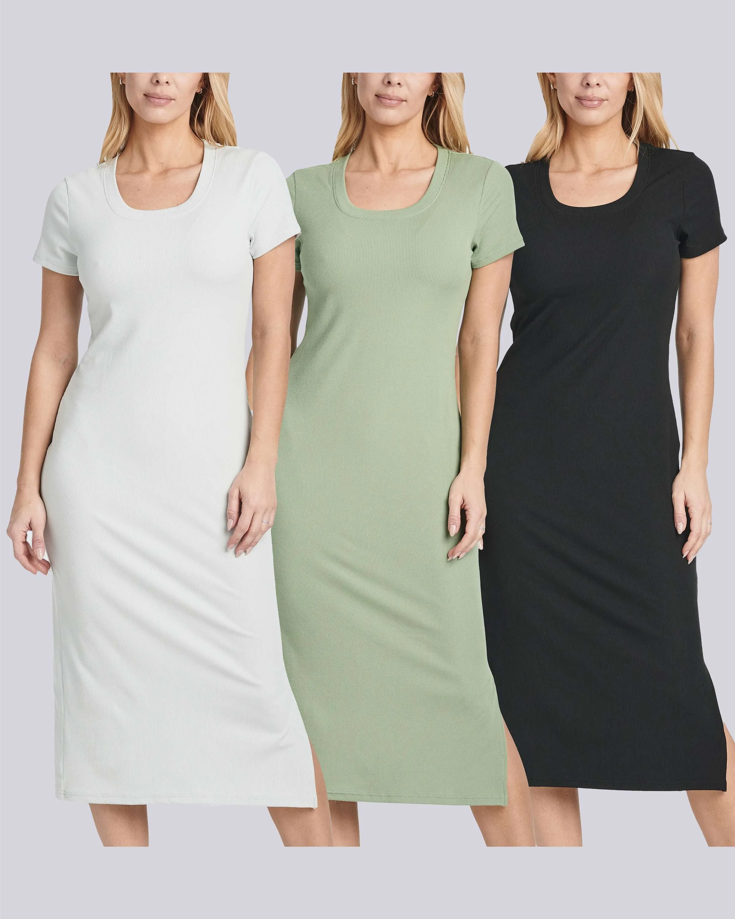 3 Pack: Women's Ribbed Jersey Crew Neck Midi Dress