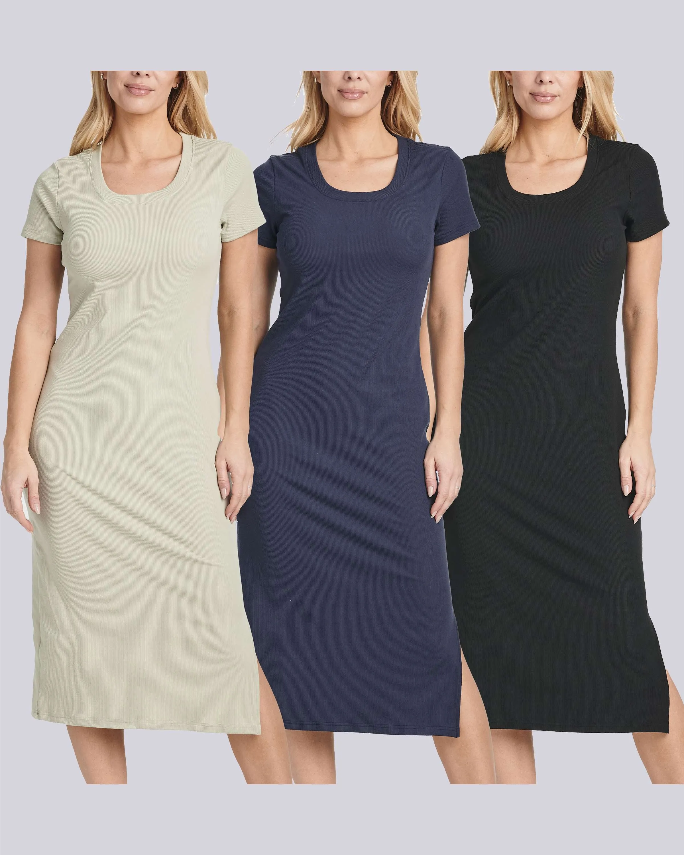 3 Pack: Women's Ribbed Jersey Crew Neck Midi Dress