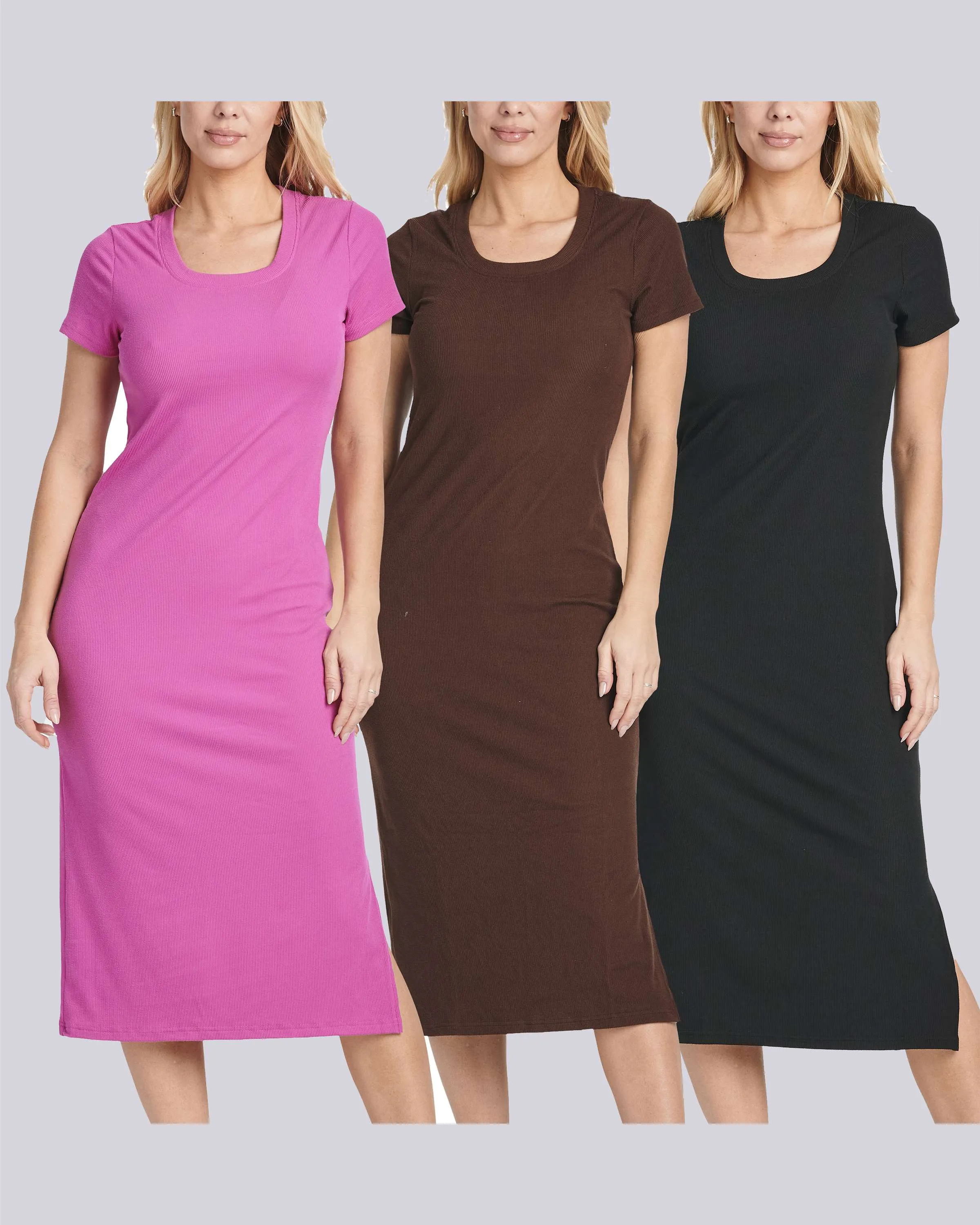 3 Pack: Women's Ribbed Jersey Crew Neck Midi Dress