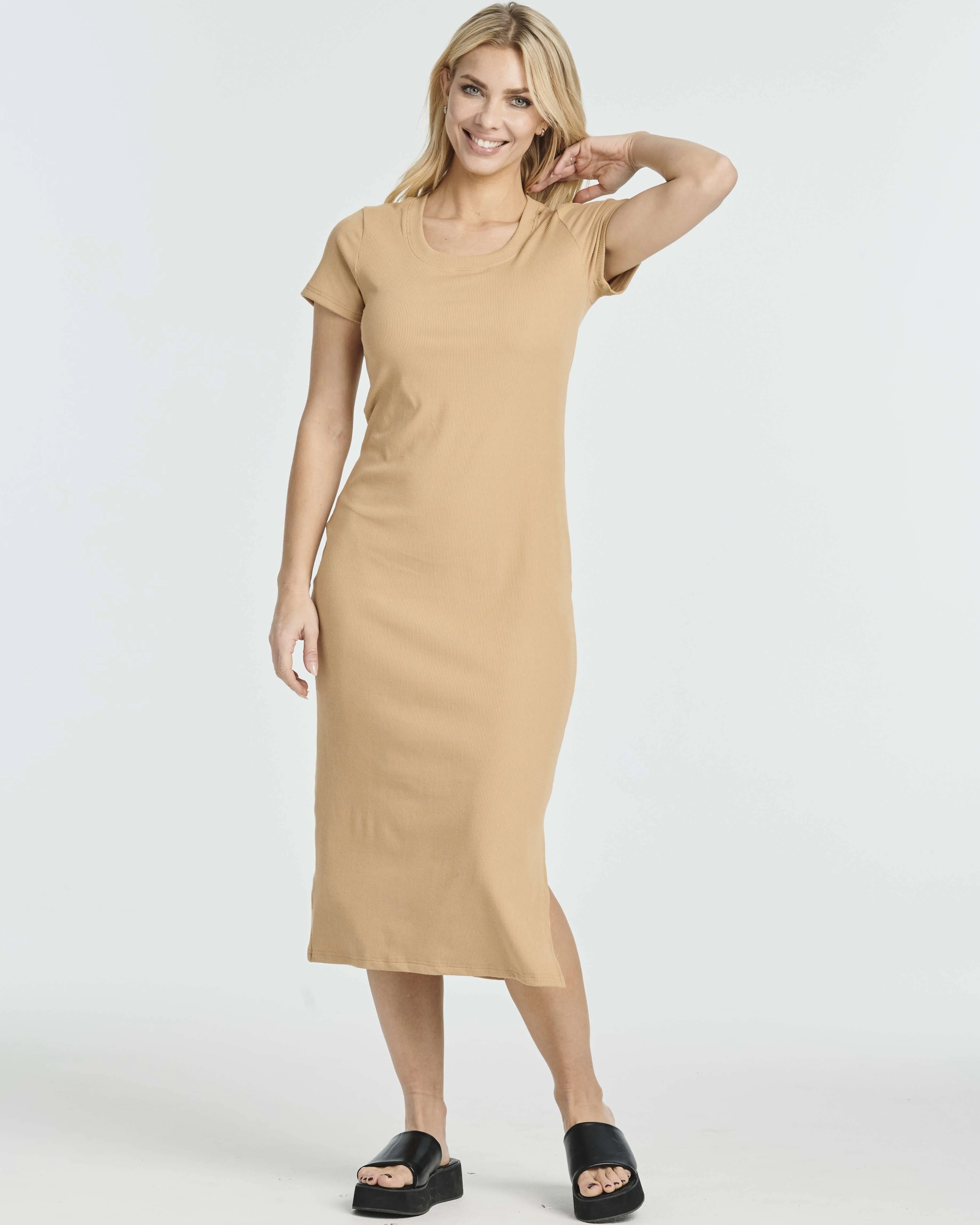 3 Pack: Women's Ribbed Jersey Crew Neck Midi Dress