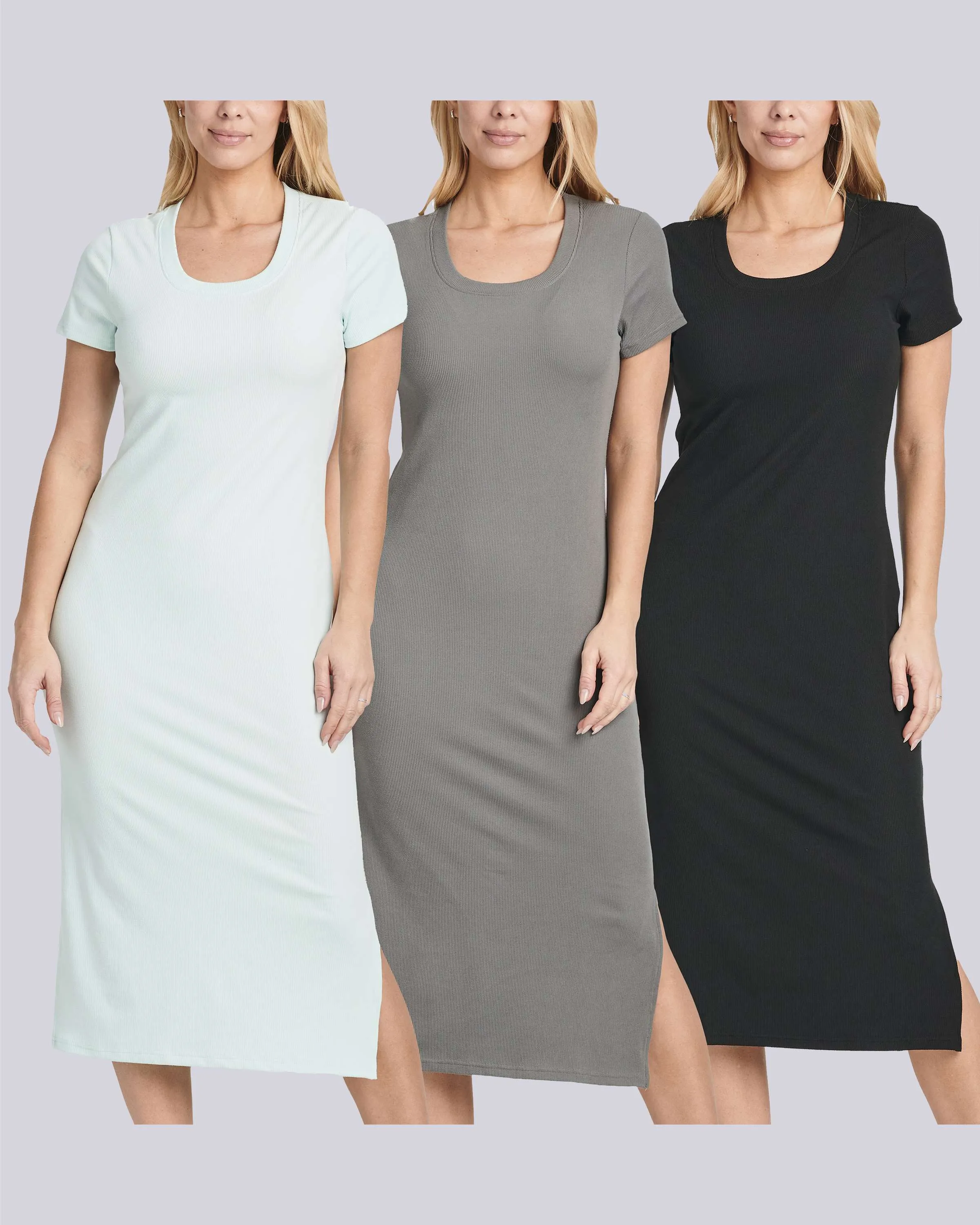 3 Pack: Women's Ribbed Jersey Crew Neck Midi Dress