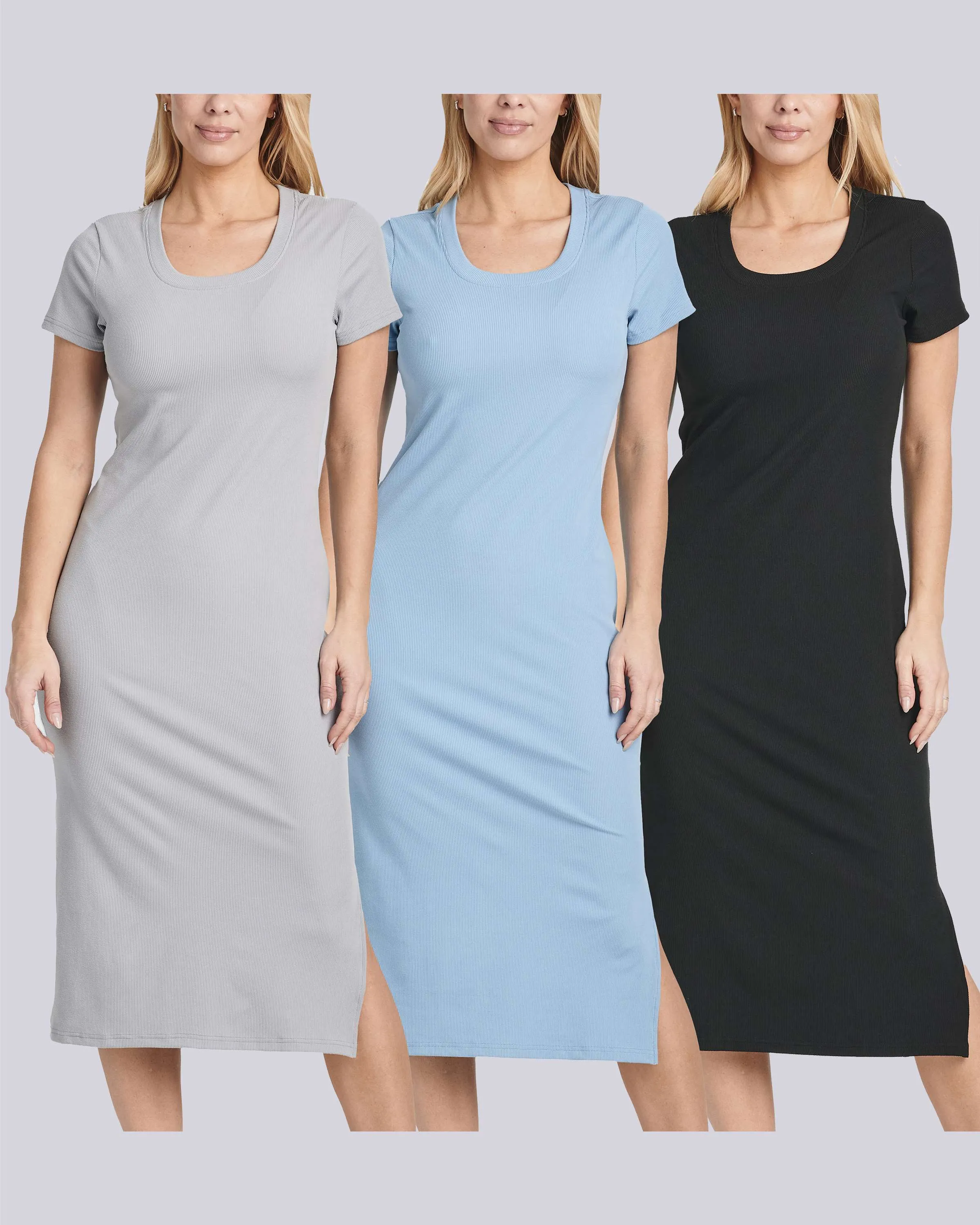 3 Pack: Women's Ribbed Jersey Crew Neck Midi Dress