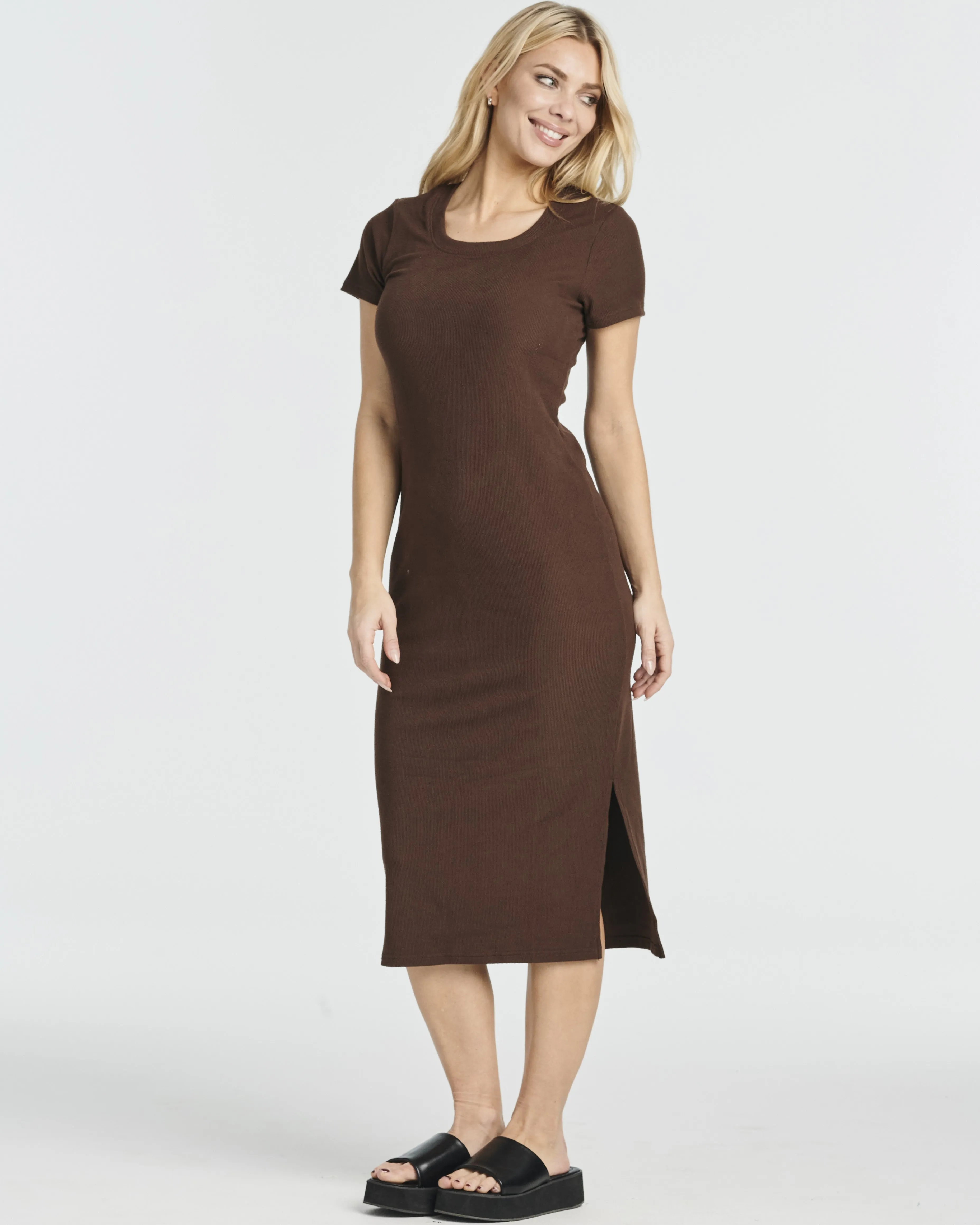 3 Pack: Women's Ribbed Jersey Crew Neck Midi Dress