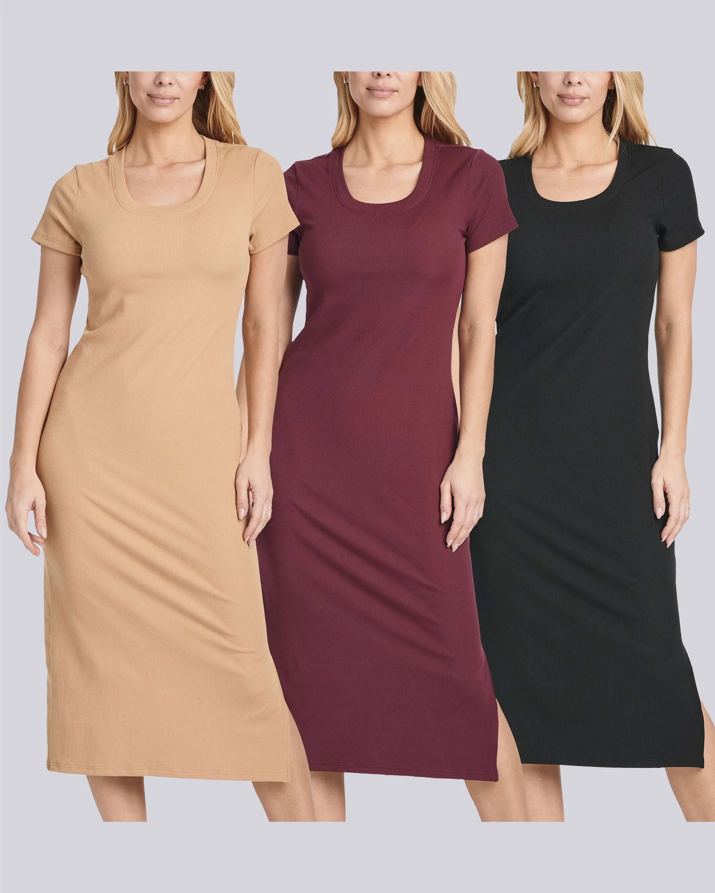 3 Pack: Women's Ribbed Jersey Crew Neck Midi Dress