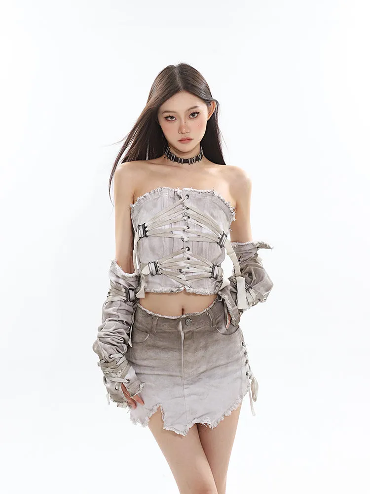 Astana Gradient Ombre Brown & White Distressed Denim Lace Up Front Strap Bandeau Sleeveless Cropped Top   Detachable Sleeves   High Waist Denim Distressed Mini Skirt Matching Set