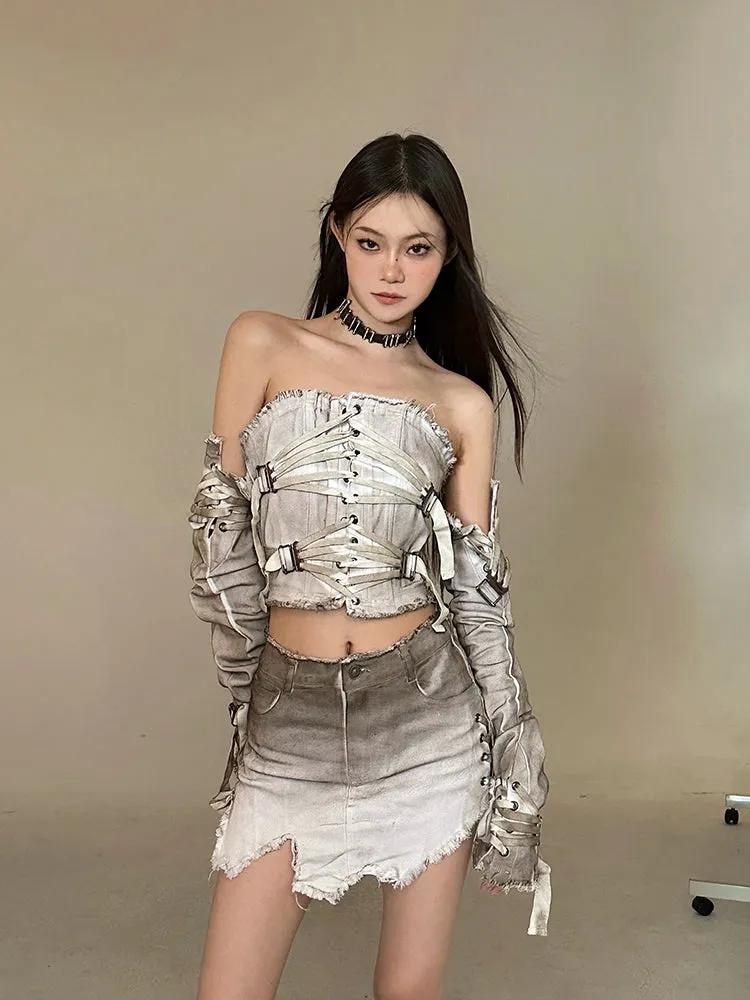 Astana Gradient Ombre Brown & White Distressed Denim Lace Up Front Strap Bandeau Sleeveless Cropped Top   Detachable Sleeves   High Waist Denim Distressed Mini Skirt Matching Set