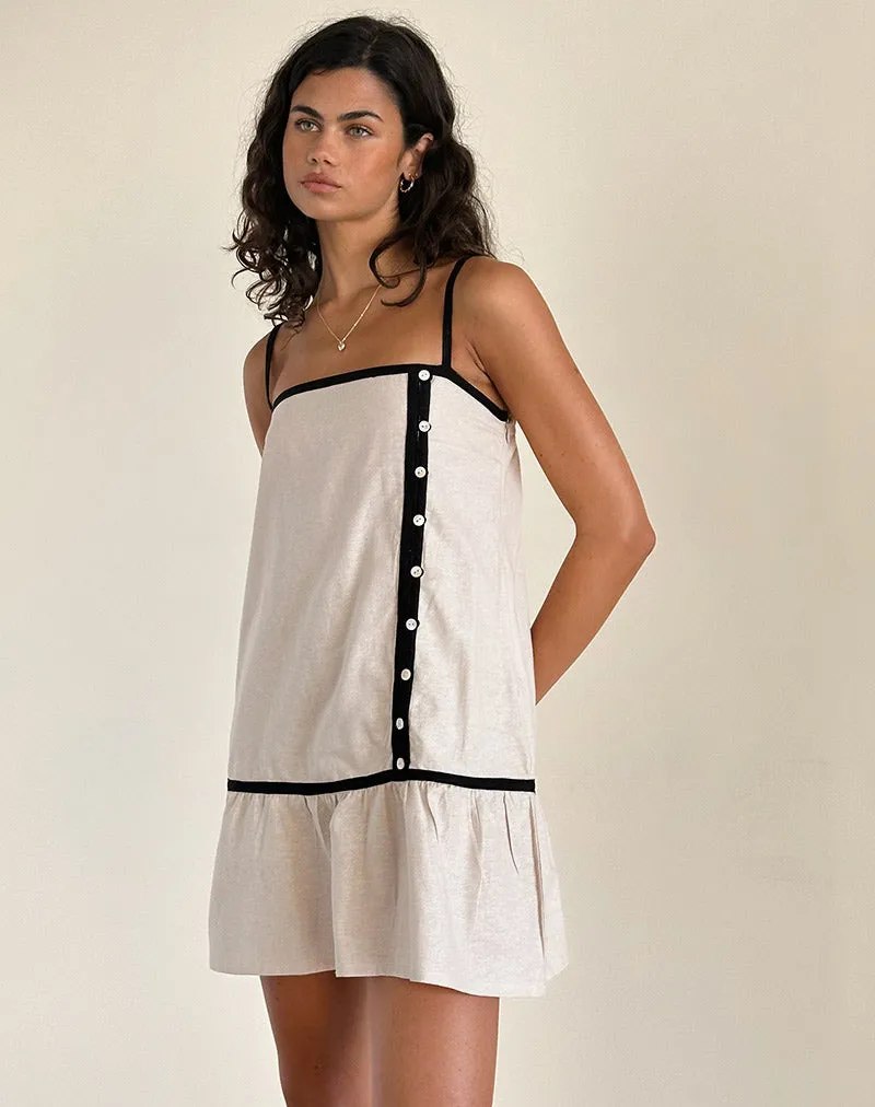 Berin Mini Tea Dress in Linen Ecru with Black Binding