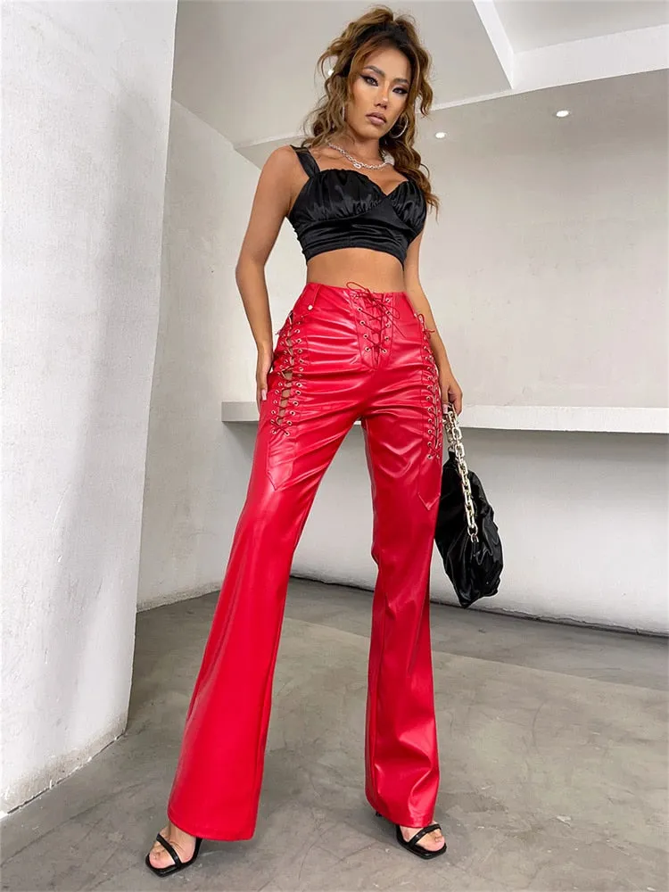 BerriesJam - 2024 Y2K Hollow Bandage Straight PU Leather Trousers