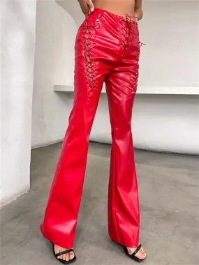 BerriesJam - 2024 Y2K Hollow Bandage Straight PU Leather Trousers