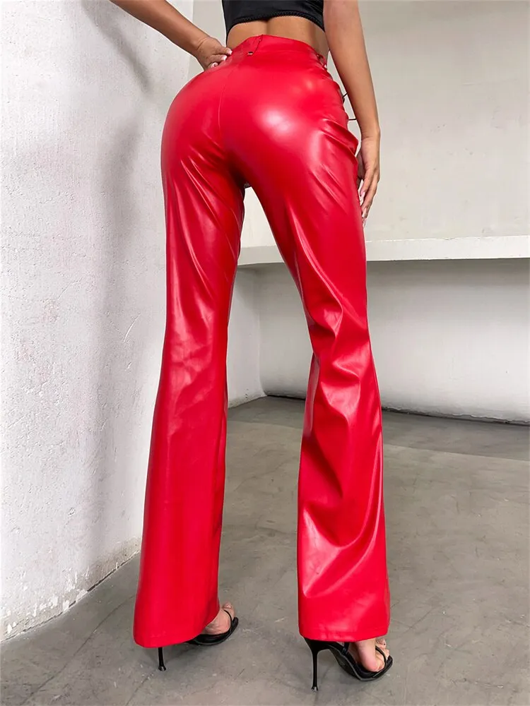 BerriesJam - 2024 Y2K Hollow Bandage Straight PU Leather Trousers