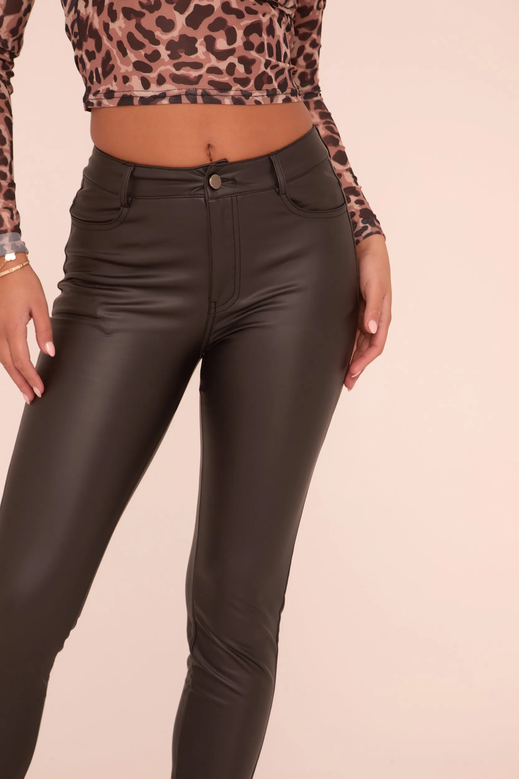 Black Faux Leather High Waist Slim Leg Trousers - Peehu