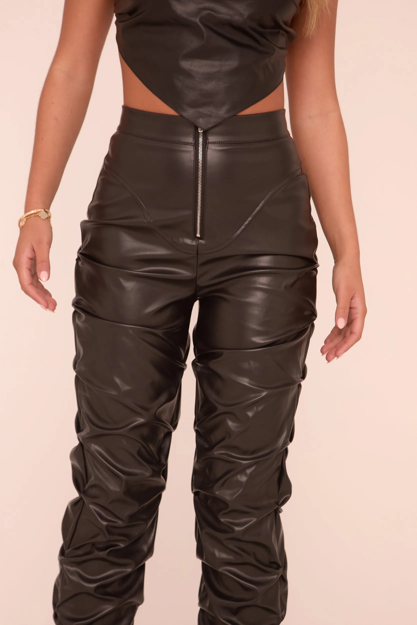 Black Faux Leather Ruching Detail Trousers - Aneth