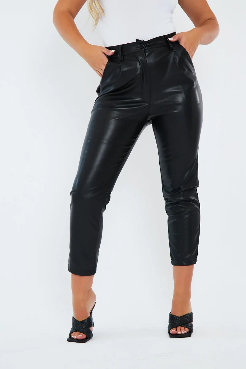 Black Tailored Fit PU Leather Trousers - Nadya