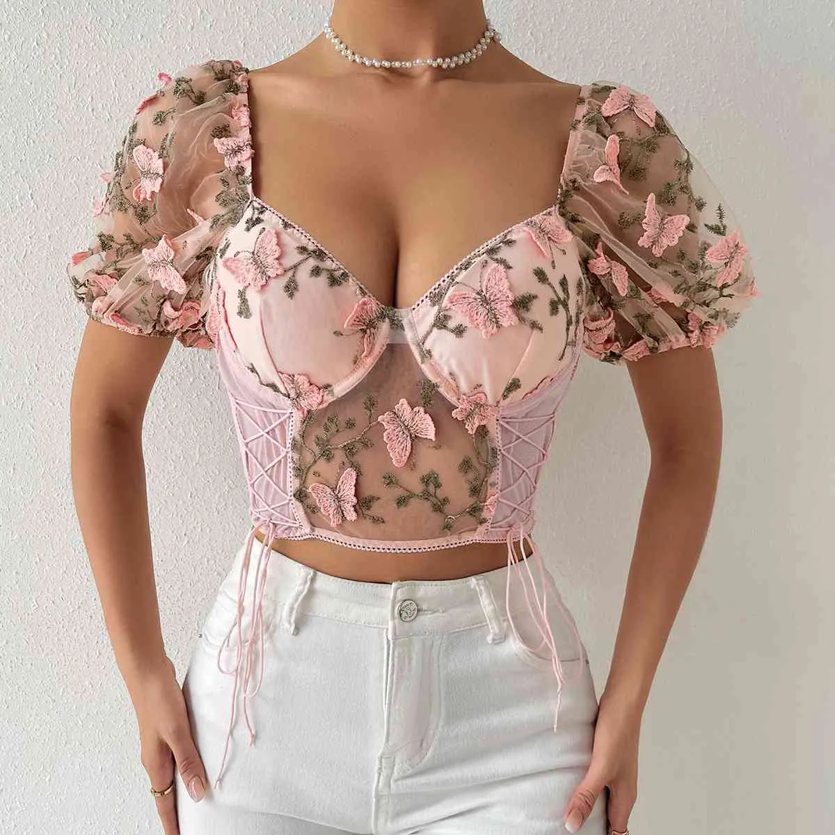 Butterfly Whispers Embroidery Mesh Corset Top