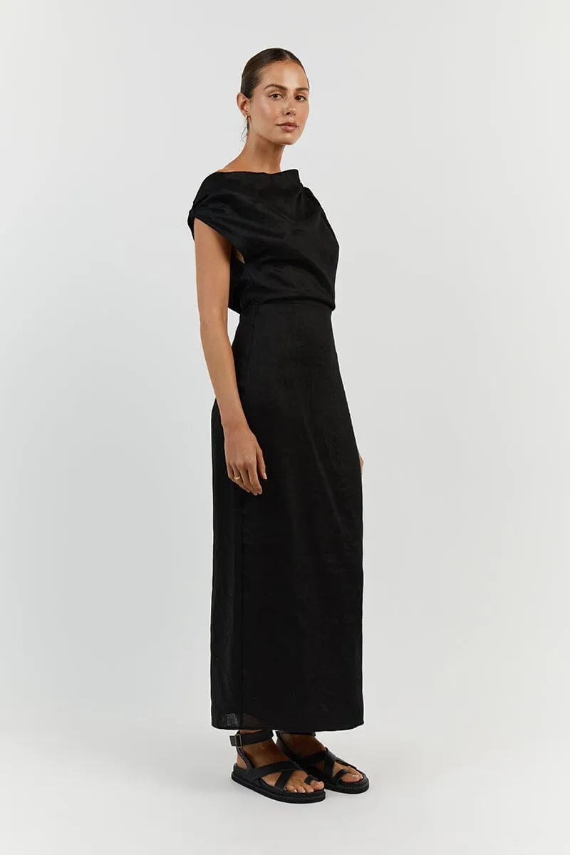 CASS BLACK LINEN ASYM MIDI DRESS