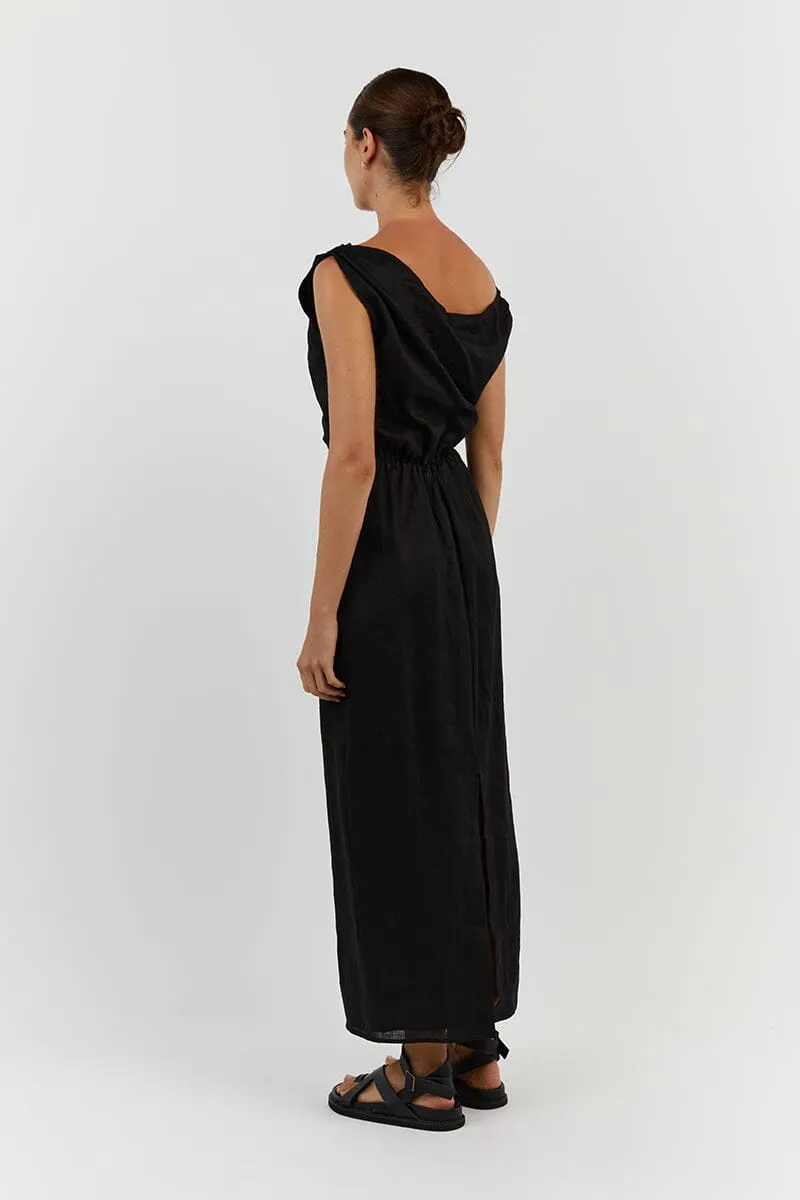 CASS BLACK LINEN ASYM MIDI DRESS