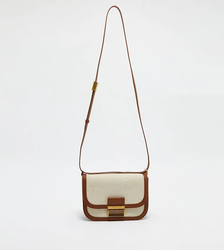 CHARLES & KEITH ICONS Charlot Canvas Crossbody Bag (White/Brown)