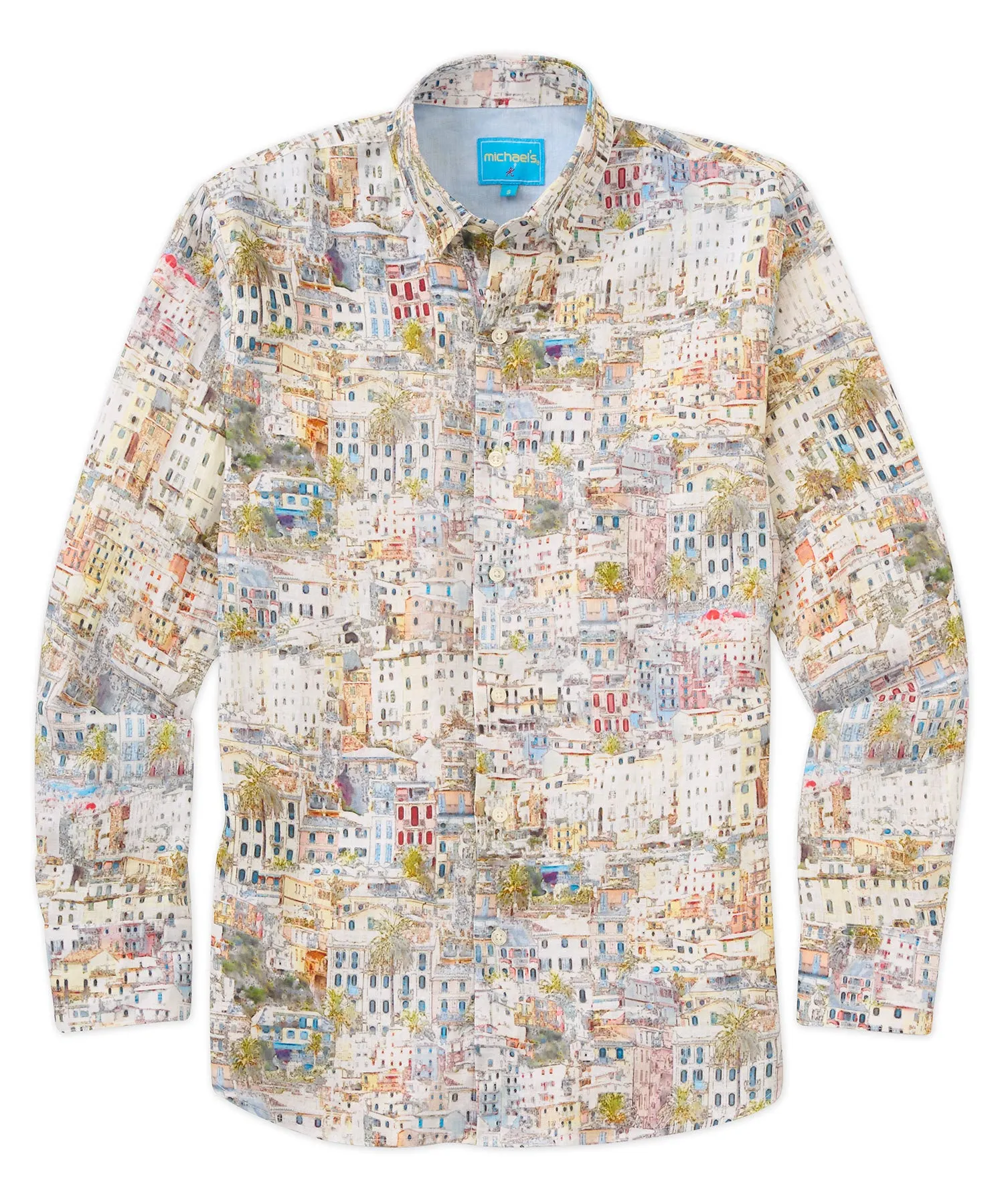 Cinque Terre Print Long-Sleeve Linen Sport Shirt