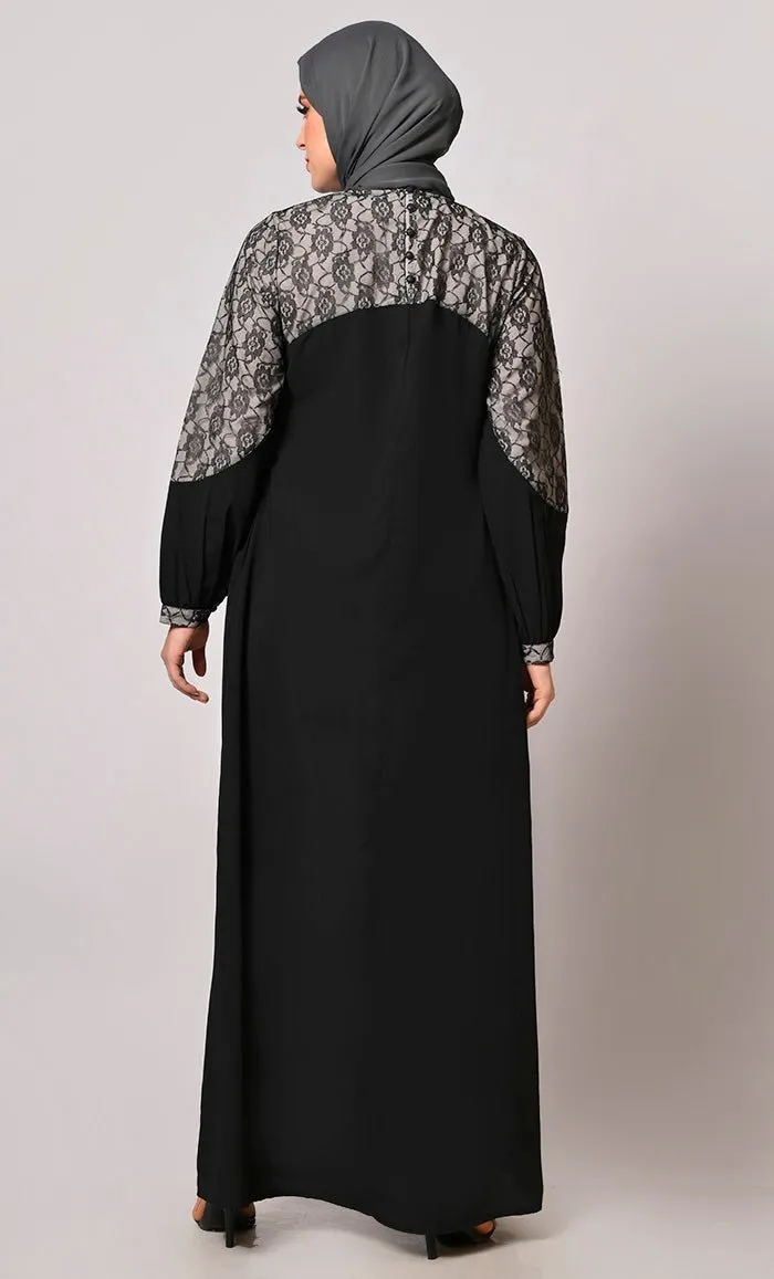 Contemporary Classics: Black Abaya with Net Yoke and Pockets - Final Sale