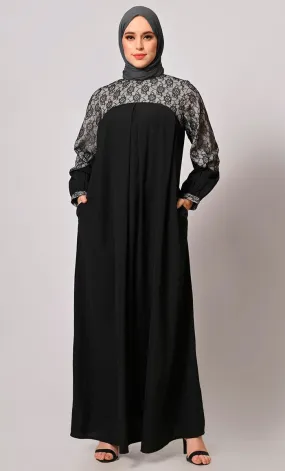 Contemporary Classics: Black Abaya with Net Yoke and Pockets - Final Sale