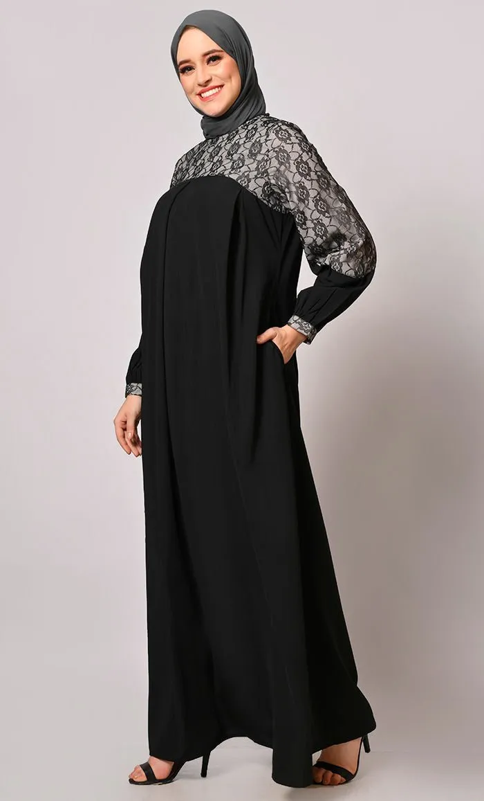 Contemporary Classics: Black Abaya with Net Yoke and Pockets - Final Sale