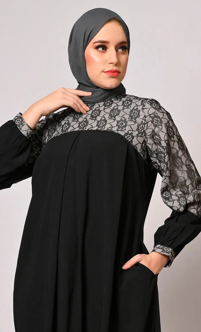 Contemporary Classics: Black Abaya with Net Yoke and Pockets - Final Sale