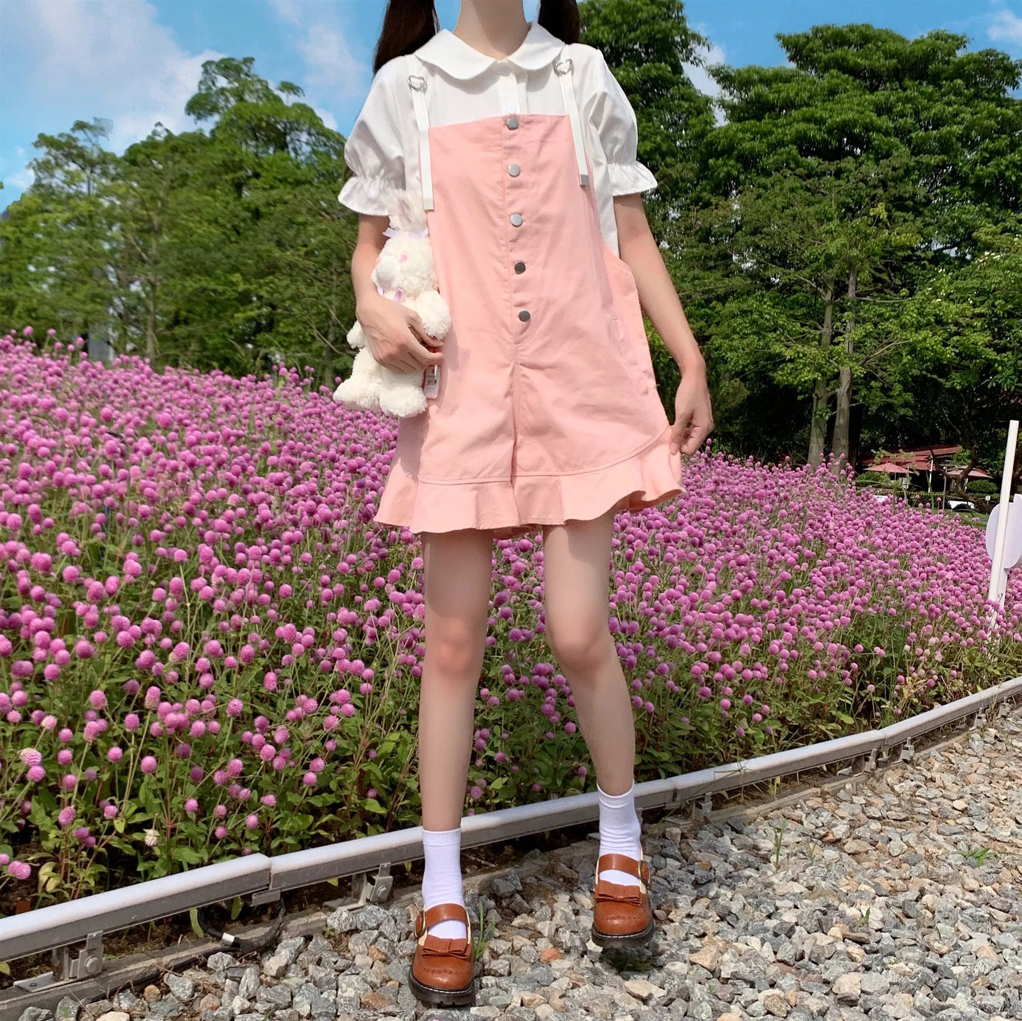 Cute girly white shirt   pink overalls  PL51418