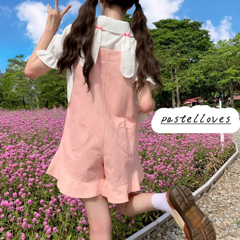 Cute girly white shirt   pink overalls  PL51418