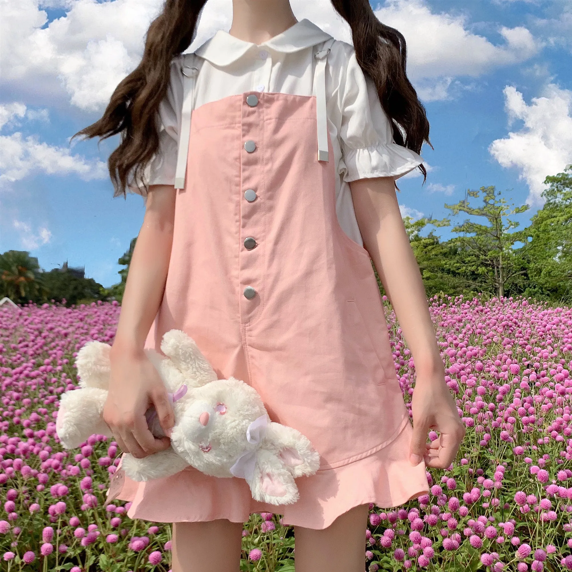 Cute girly white shirt   pink overalls  PL51418