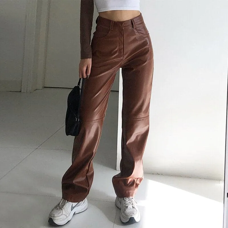 DressBetty - High Waisted PU Leather Pants Women Jogger Casual Fashion Side Pockets Straight Wide Leg Pants Loose Vintage Brown Trousers