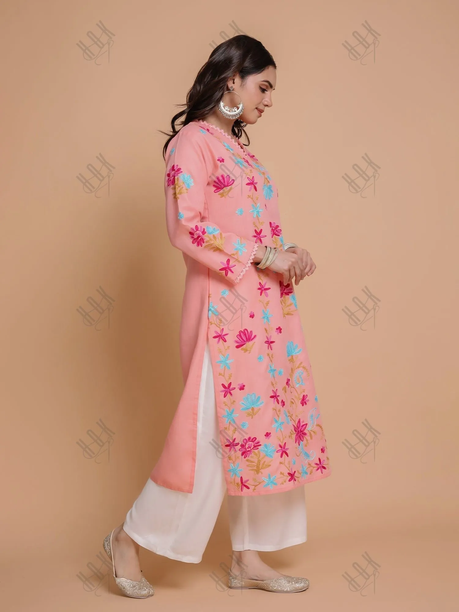 Falak Kashmiri Long Kurta - Peach