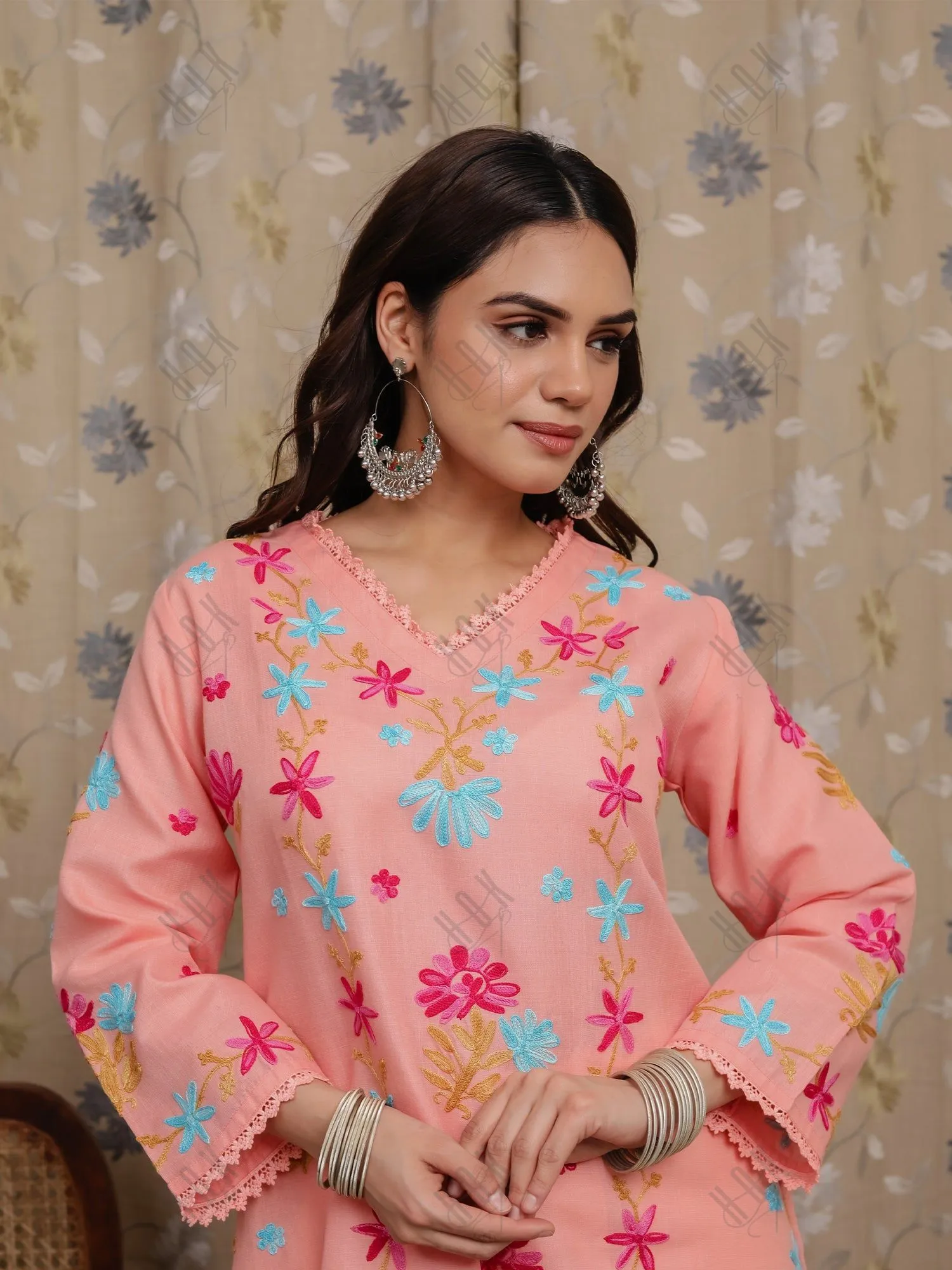 Falak Kashmiri Long Kurta - Peach