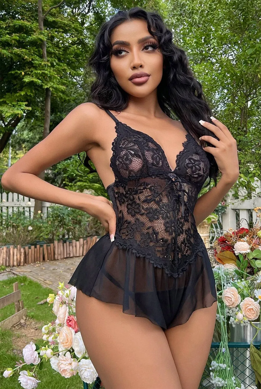 Flirty Ruffle Skirt Trim Lace Teddy