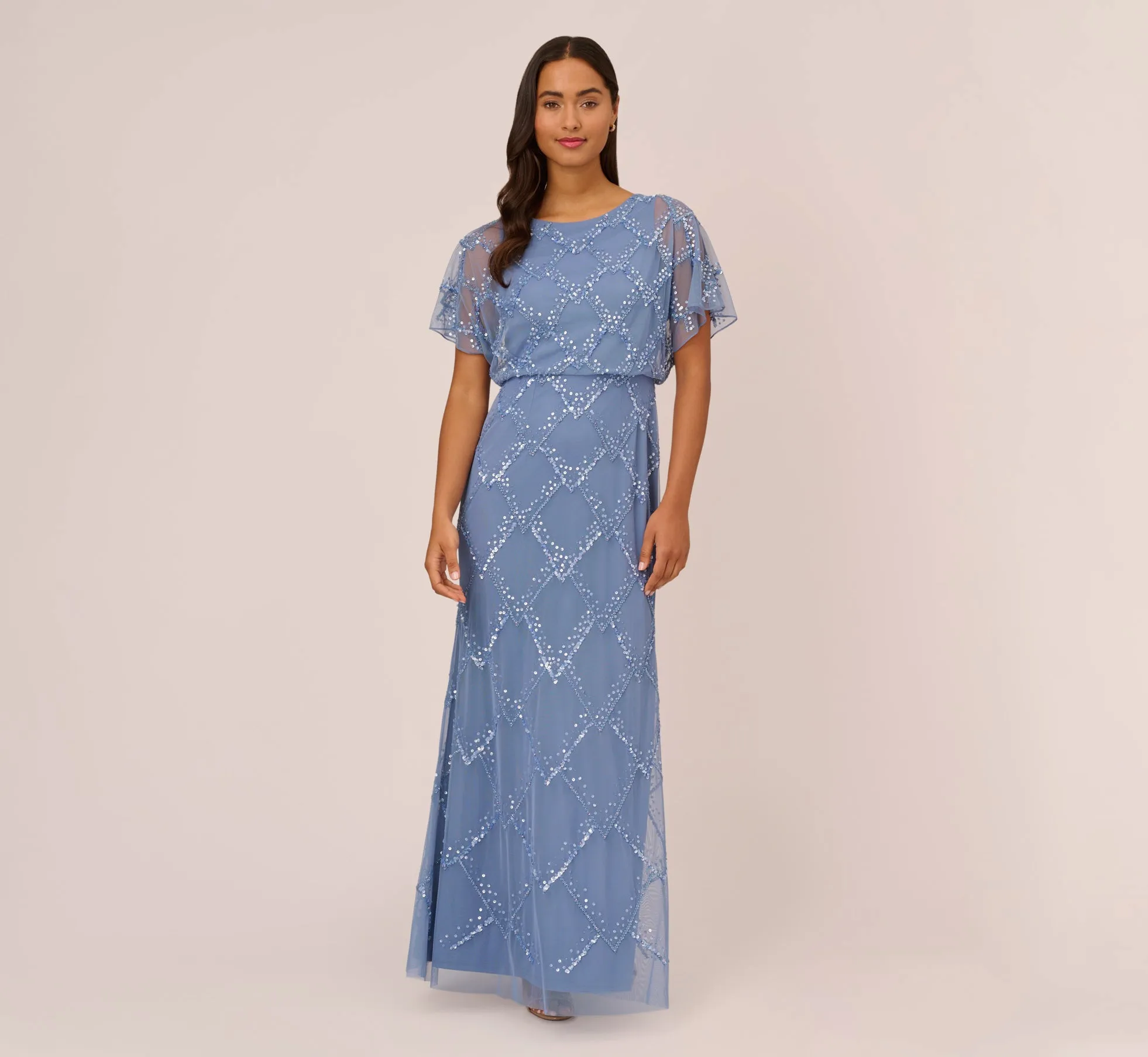 Hand-Beaded Blouson Long Gown With Flutter Sleeves In French Blue