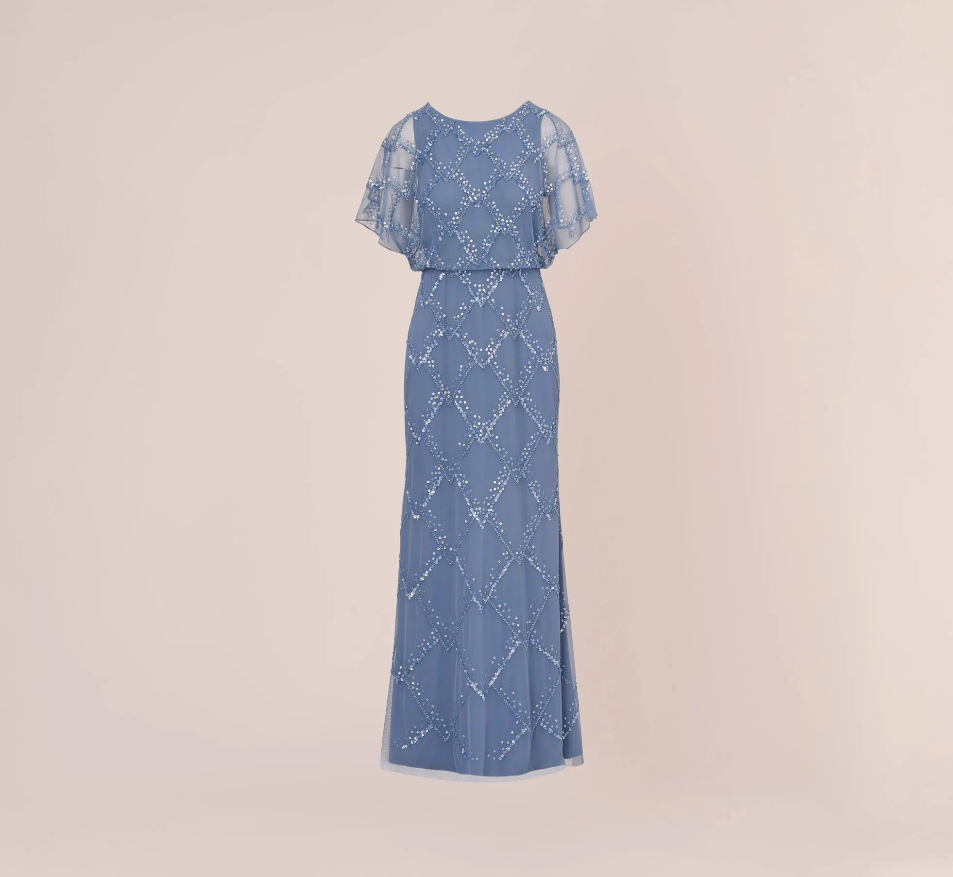 Hand-Beaded Blouson Long Gown With Flutter Sleeves In French Blue