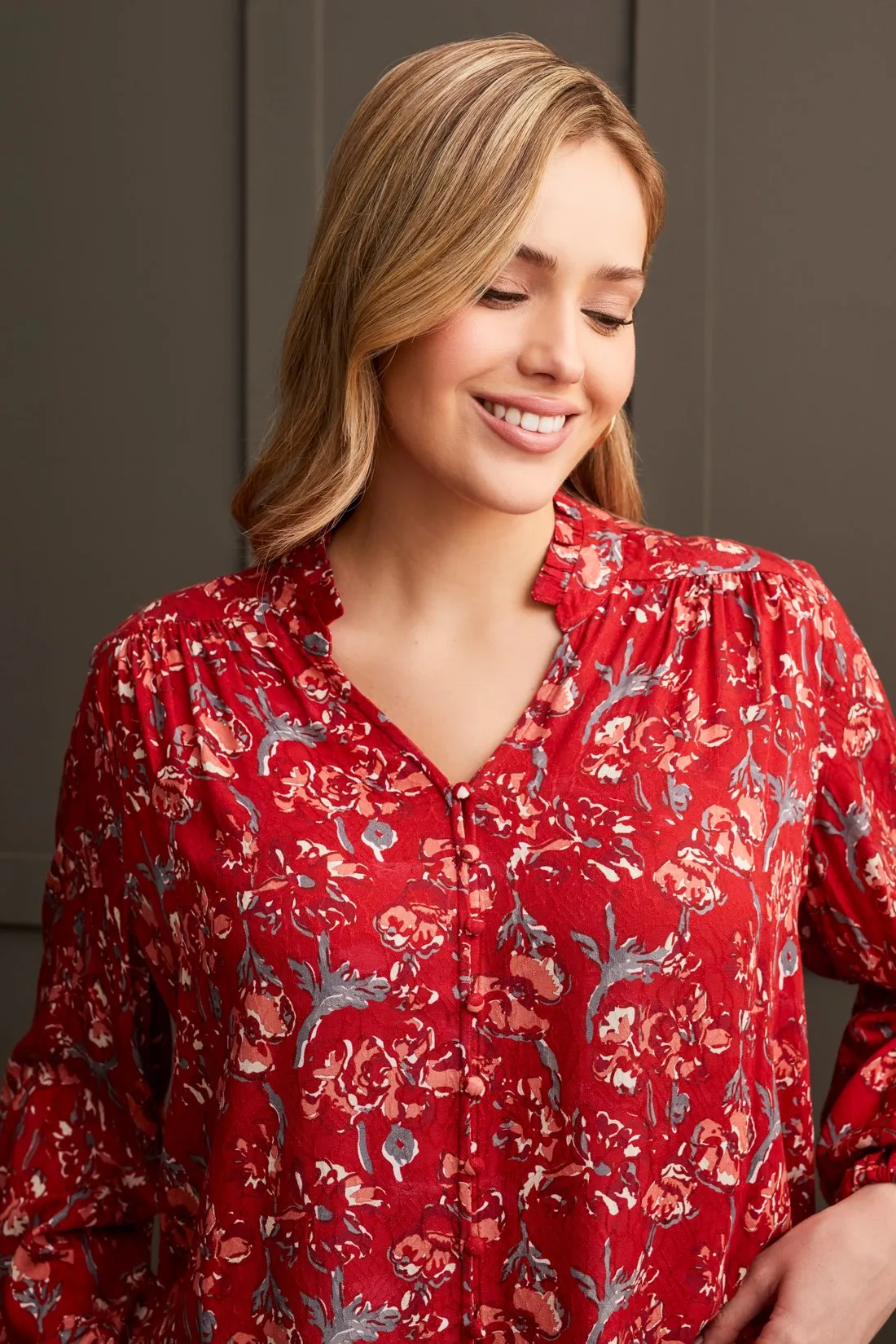 JACQUARD CHALLIS BUTTON-UP BLOUSE-Scarlet