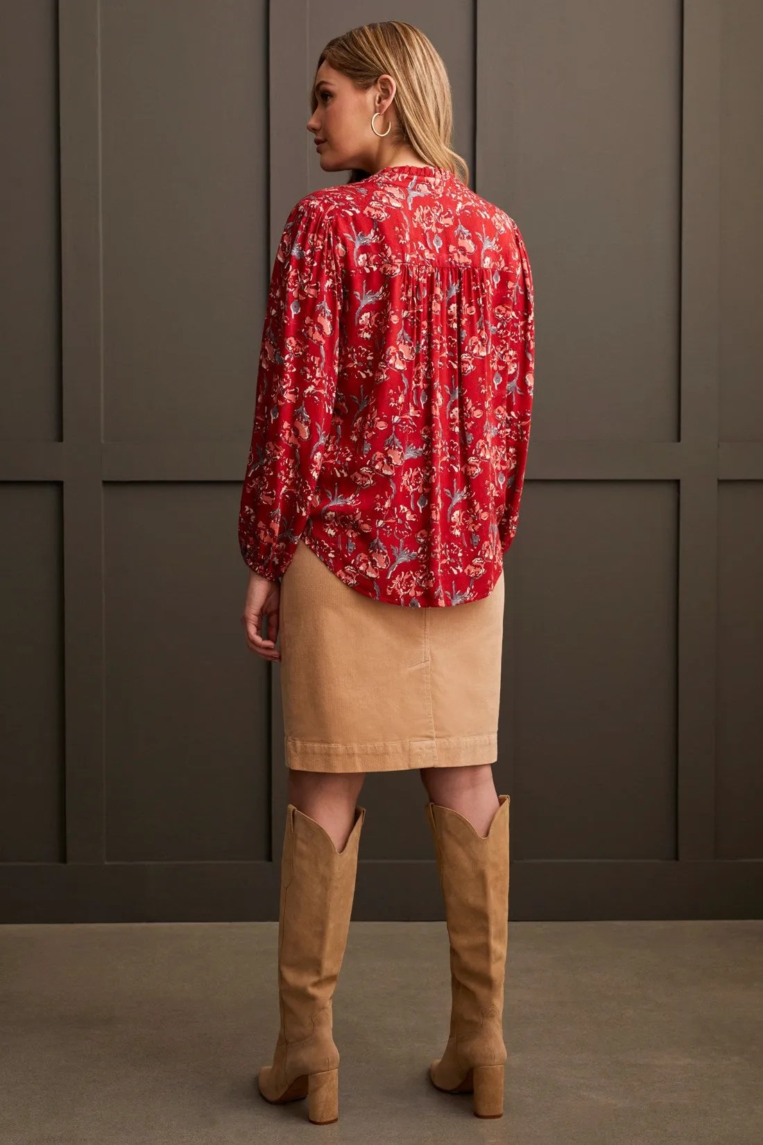 JACQUARD CHALLIS BUTTON-UP BLOUSE-Scarlet