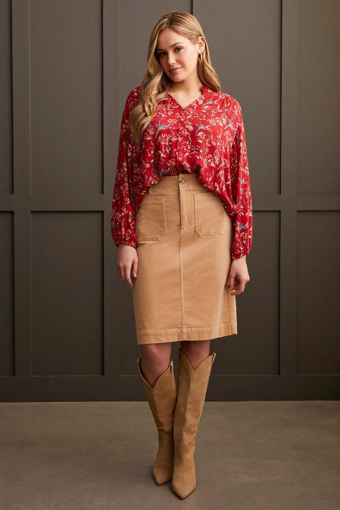 JACQUARD CHALLIS BUTTON-UP BLOUSE-Scarlet