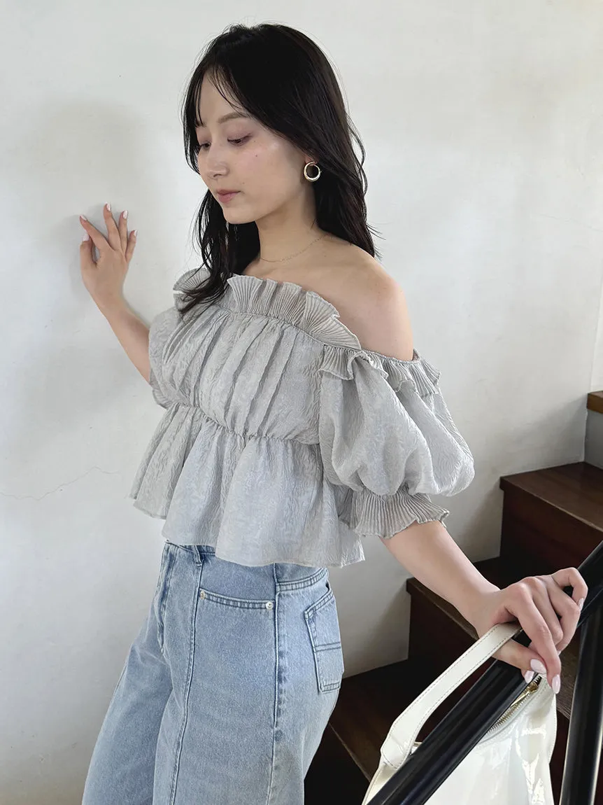 Jacquard Volume Gathered Off-Shoulder Ruffle Blouse