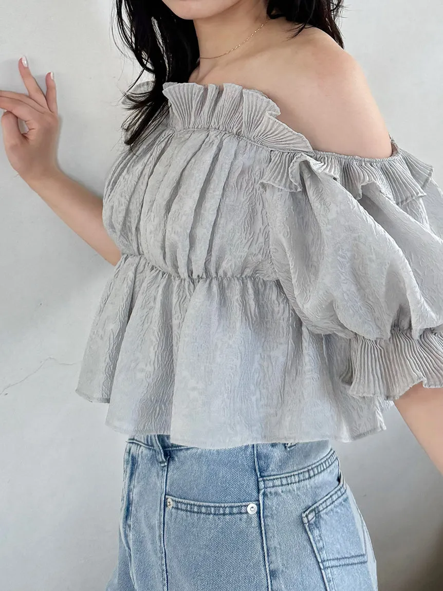 Jacquard Volume Gathered Off-Shoulder Ruffle Blouse