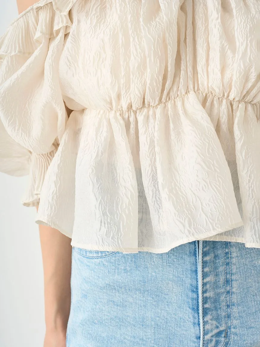 Jacquard Volume Gathered Off-Shoulder Ruffle Blouse