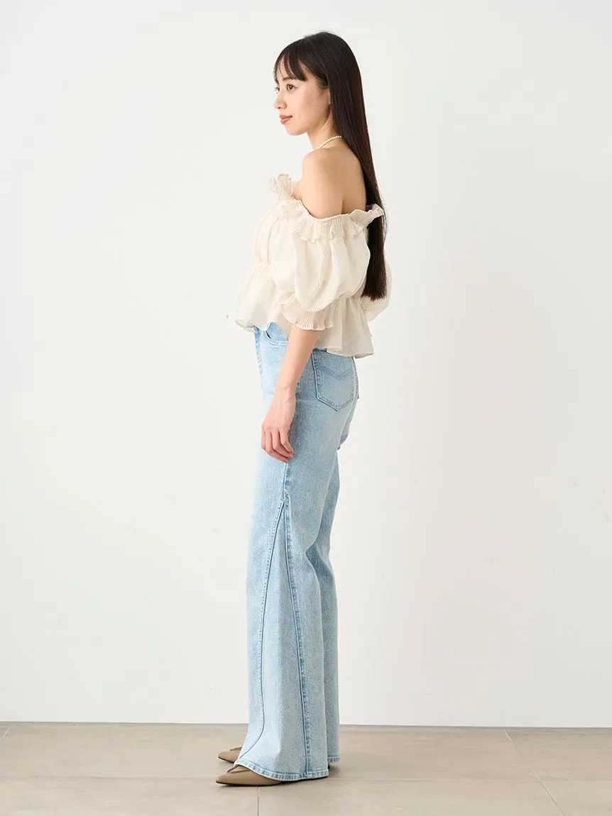 Jacquard Volume Gathered Off-Shoulder Ruffle Blouse