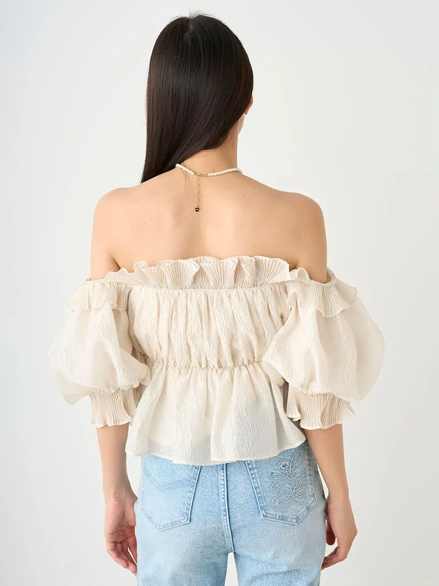 Jacquard Volume Gathered Off-Shoulder Ruffle Blouse