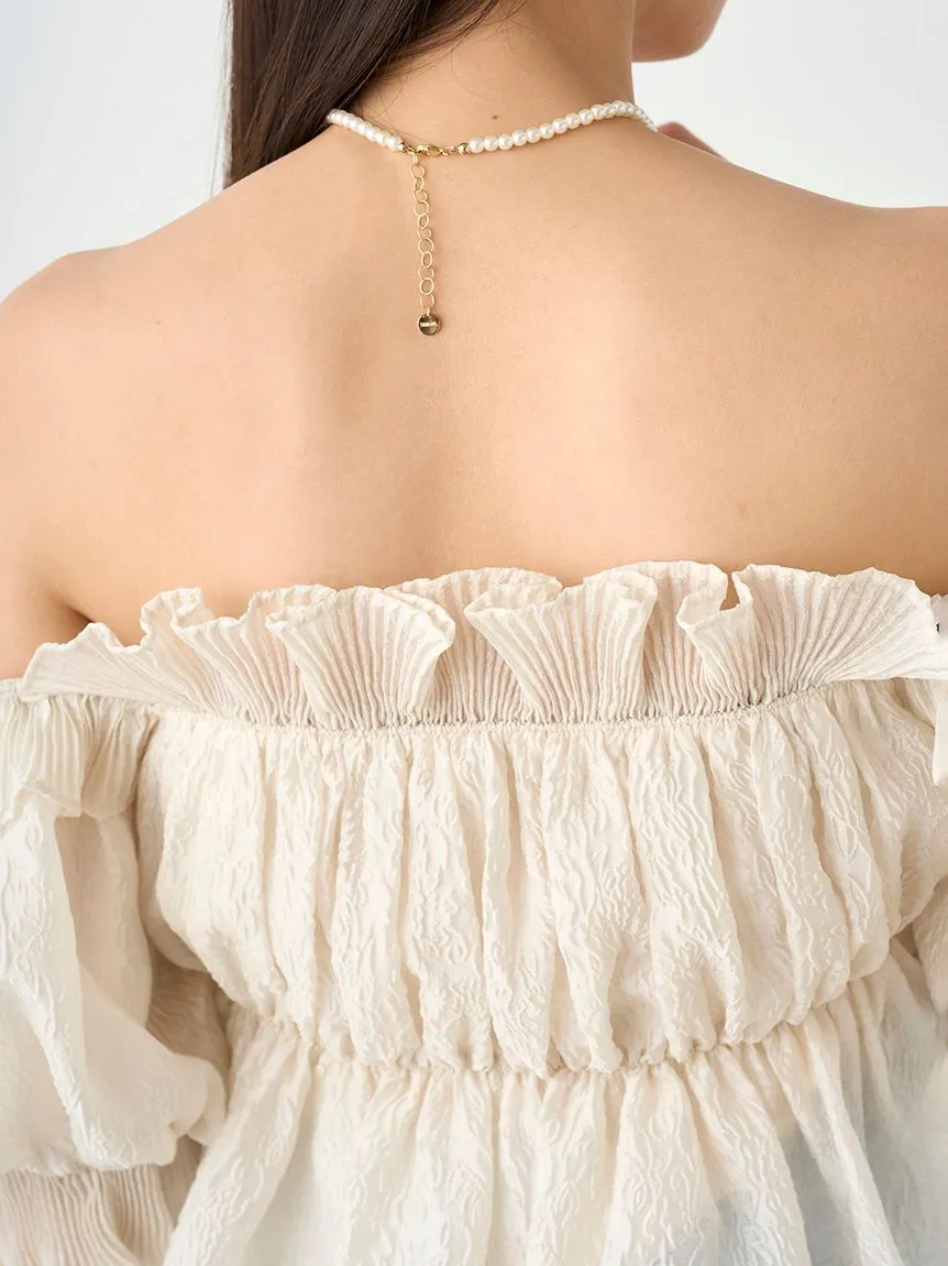 Jacquard Volume Gathered Off-Shoulder Ruffle Blouse