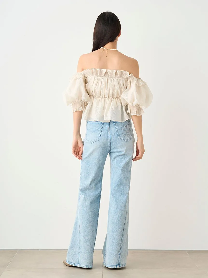 Jacquard Volume Gathered Off-Shoulder Ruffle Blouse