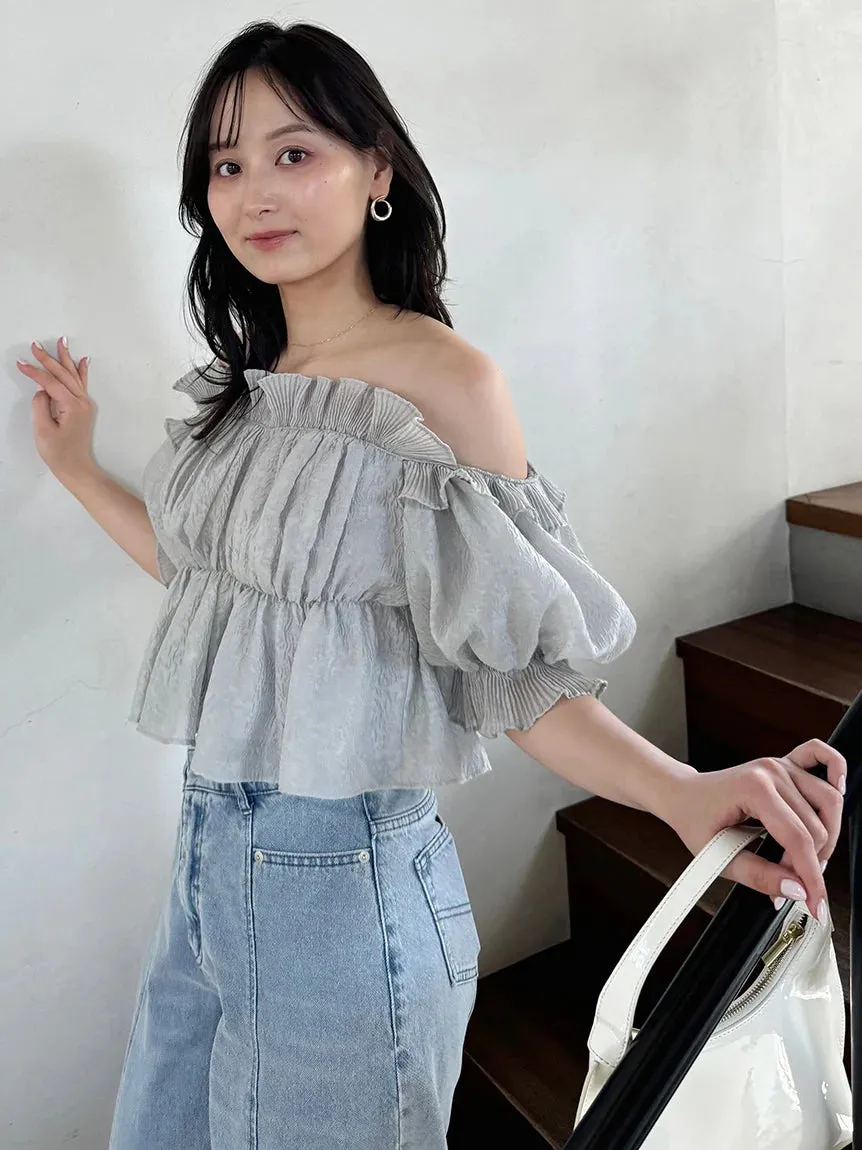 Jacquard Volume Gathered Off-Shoulder Ruffle Blouse