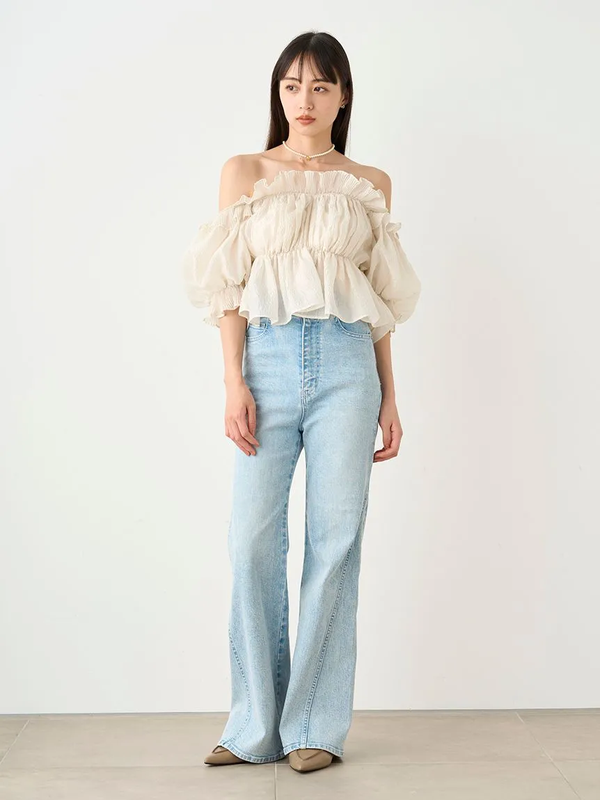 Jacquard Volume Gathered Off-Shoulder Ruffle Blouse