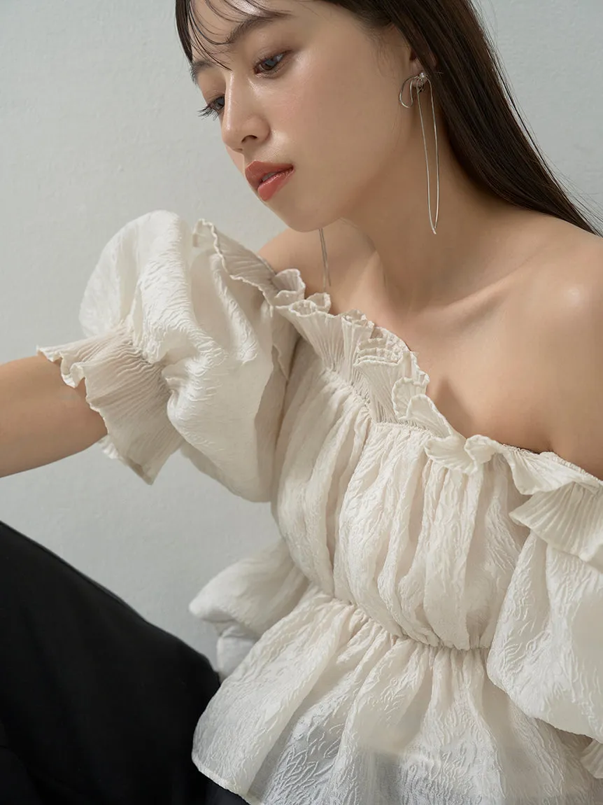 Jacquard Volume Gathered Off-Shoulder Ruffle Blouse