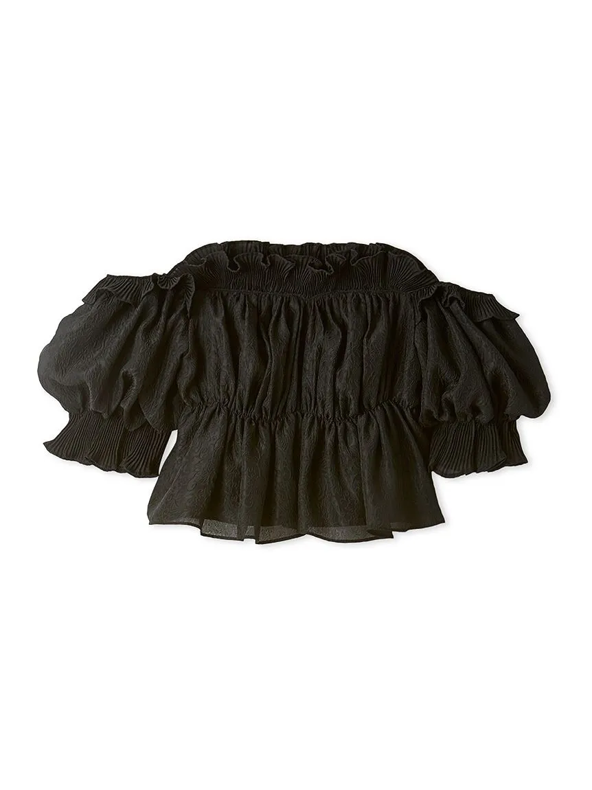 Jacquard Volume Gathered Off-Shoulder Ruffle Blouse