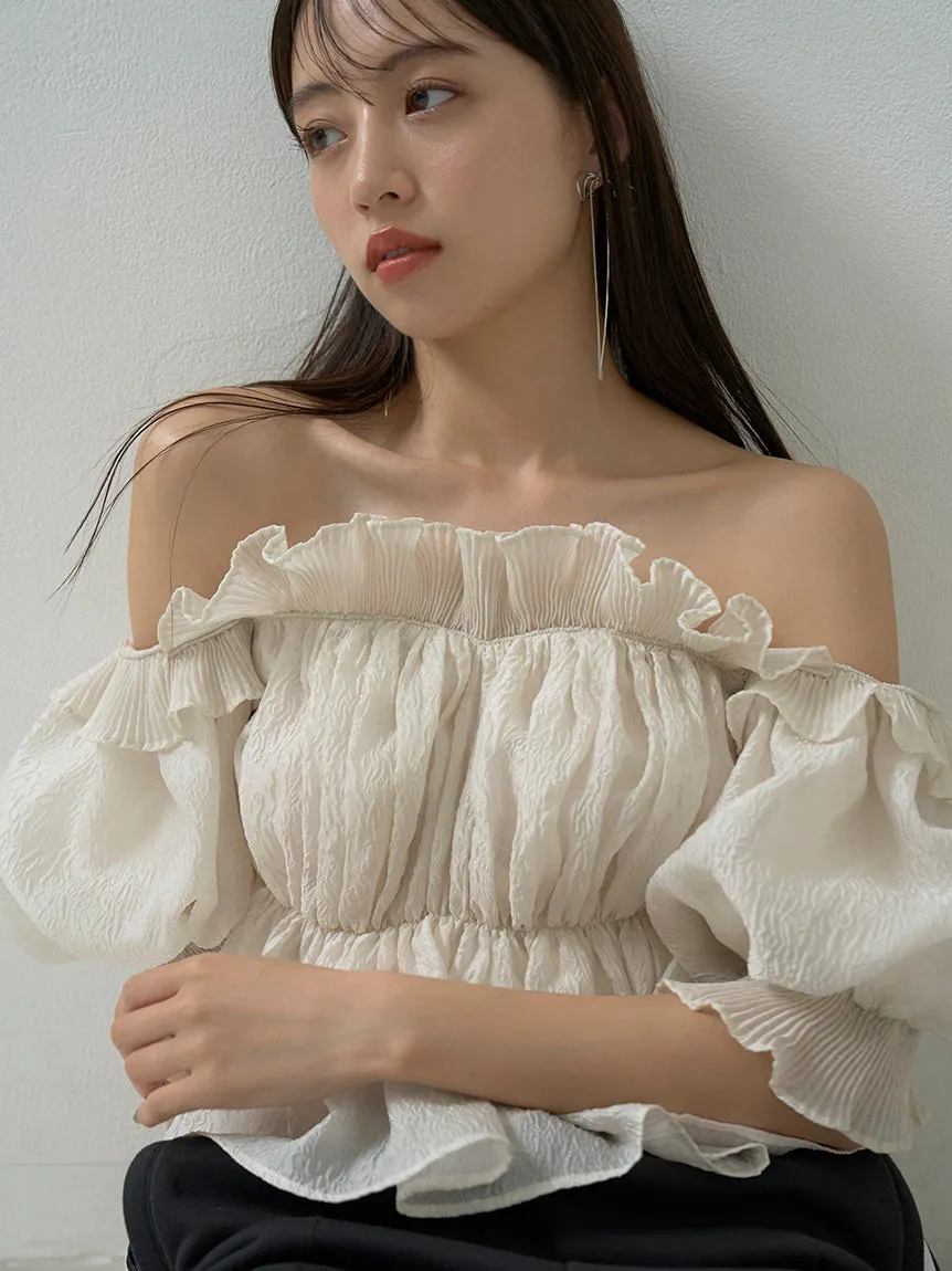 Jacquard Volume Gathered Off-Shoulder Ruffle Blouse